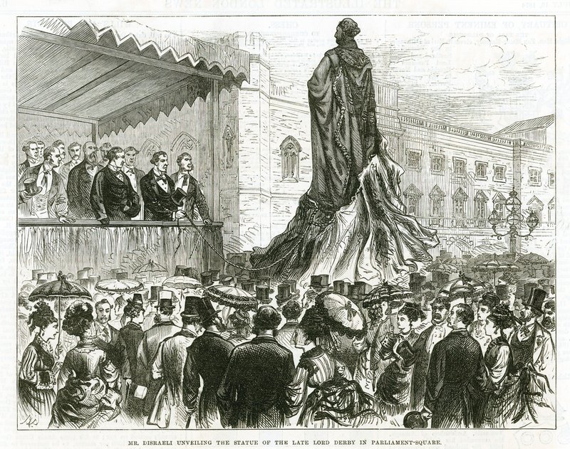 Disraeli avtäcker statyn av den sene Lord Derby på Parliament Square, Westminster av English School