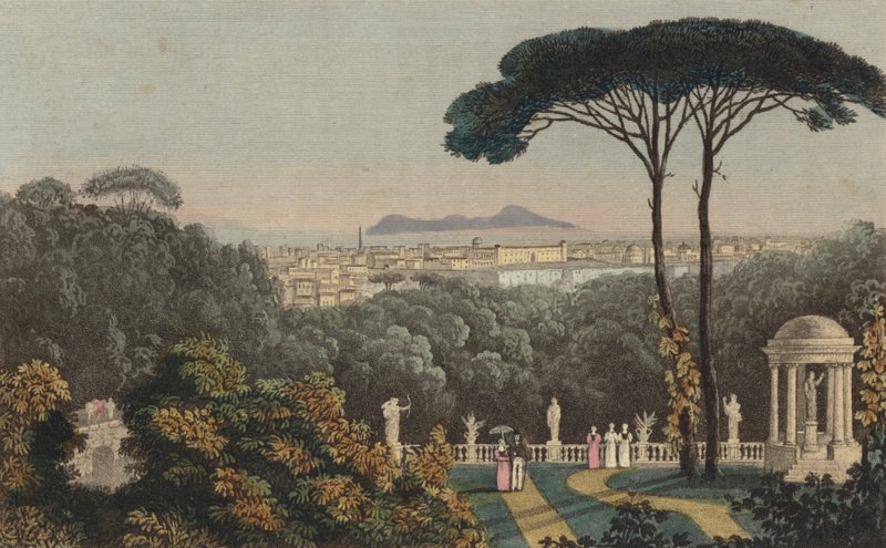 Avlägsen vy av Neapel, Italien (färgad gravyr) av English School