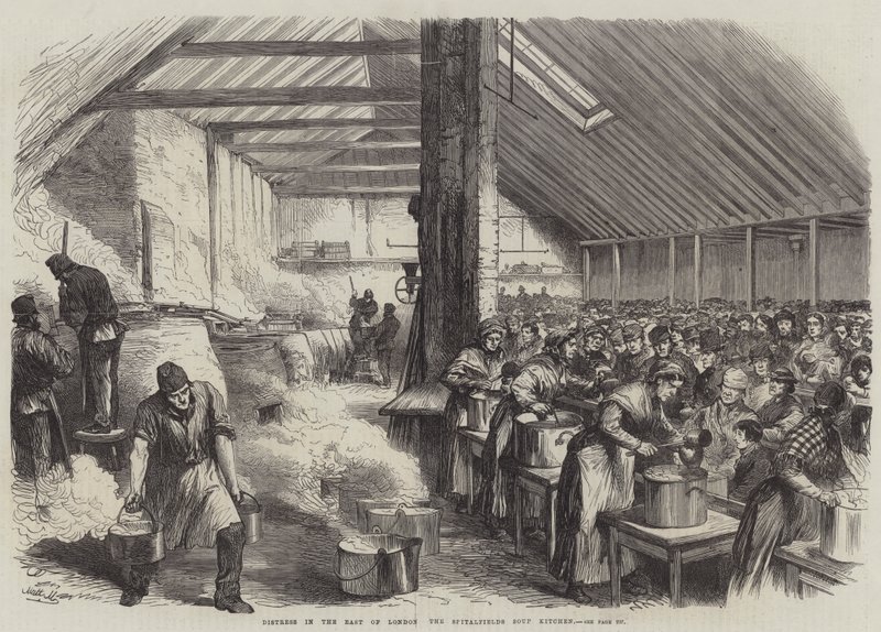 Nöd i östra London, Spitalfields Soup Kitchen (gravyr) av English School