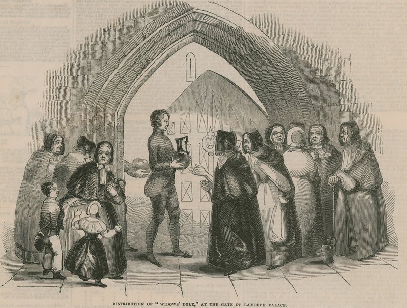 Utdelning av änkor Dole vid porten till Lambeth Palace av English School