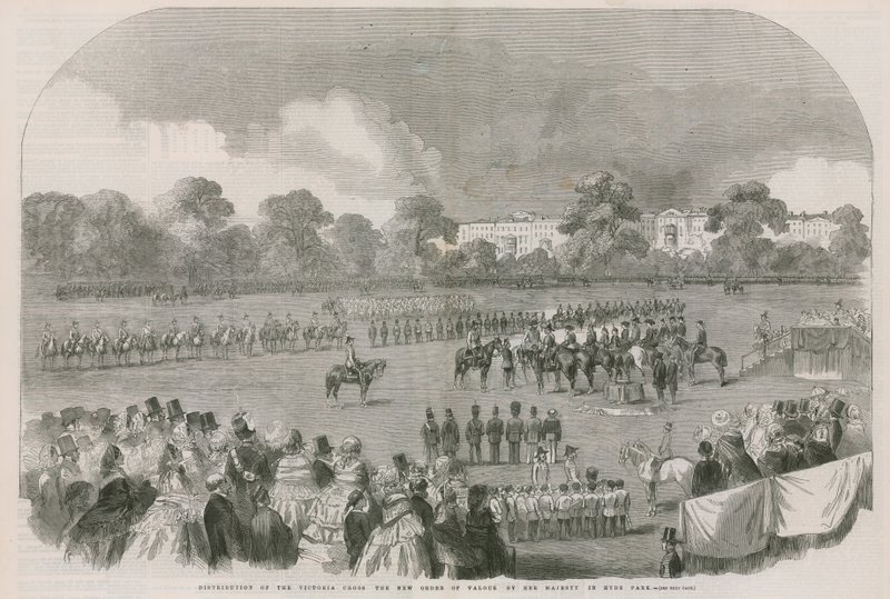 Distribution av Victoria Cross, den nya tapperhetsordningen, av Hennes Majestät i Hyde Park av English School