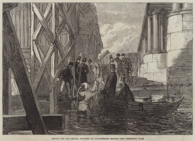 Dykning efter de stulna klockorna vid Blackfriars Bridge (gravyr) av English School
