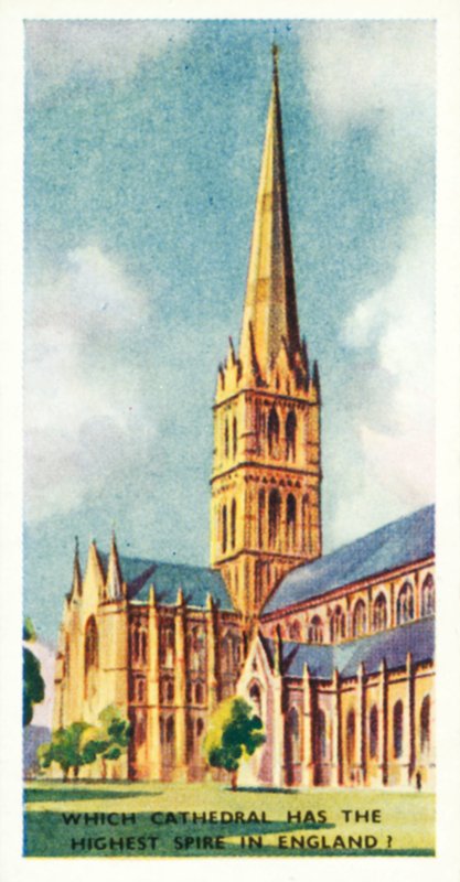 Vet du vad det är Vilken katedral har den högsta spiran i England (färglitografi) av English School