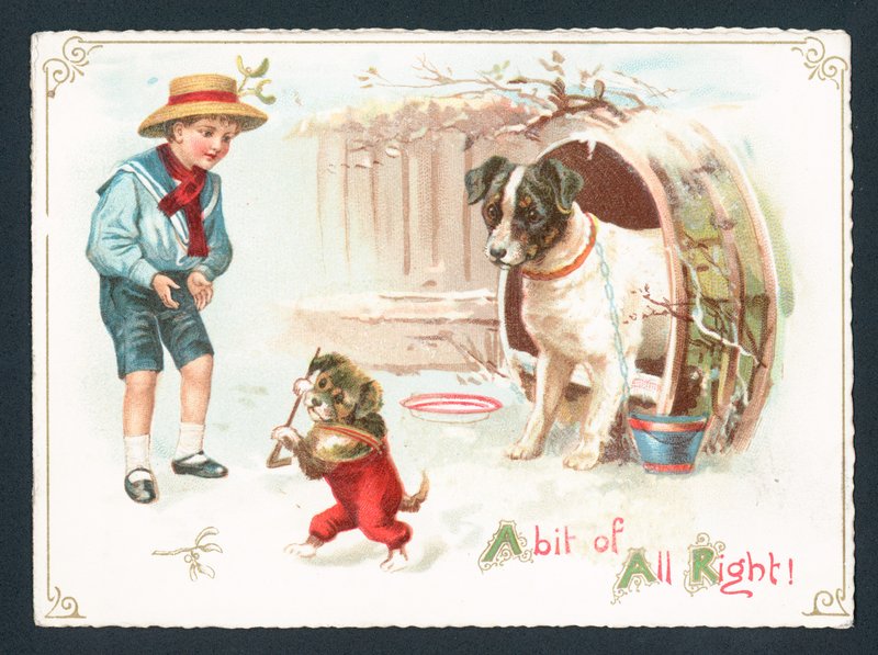 Hund, valp och pojke som leker i snön, julkort av English School