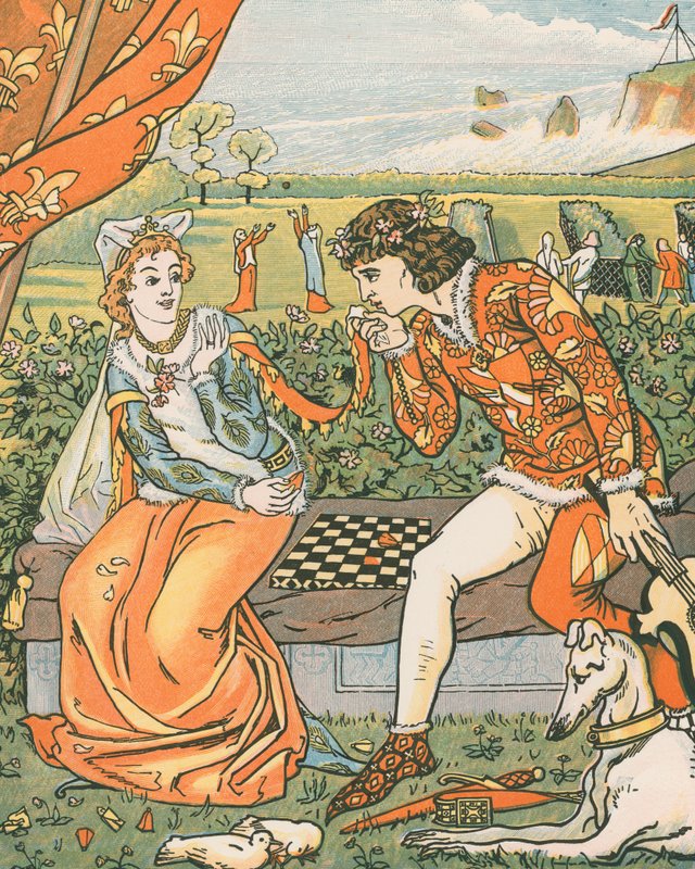 Dorigen och Aurelius i trädgården. "Var nåd, älskling, annars vill du göra mig illa" av English School