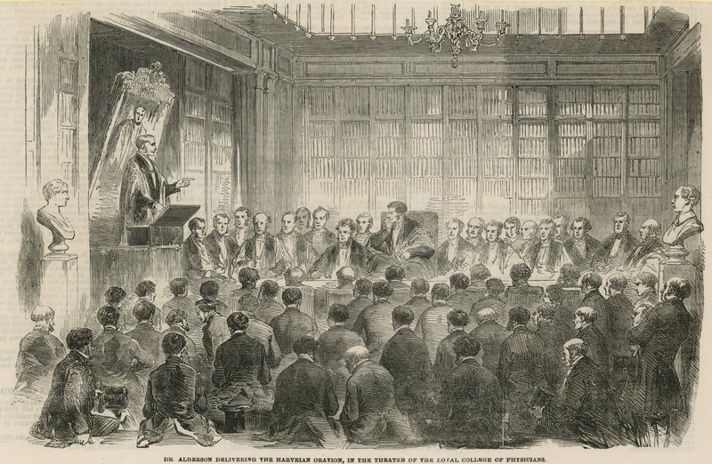 Dr Alderson håller Harveian Oration i teatern på Royal College of Physicians av English School