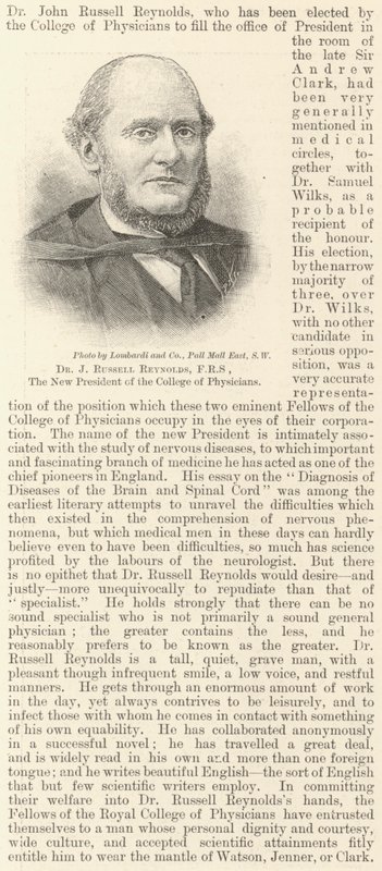 Dr J Russell Reynolds, FRS, den nya presidenten för College of Physicians (gravyr) av English School