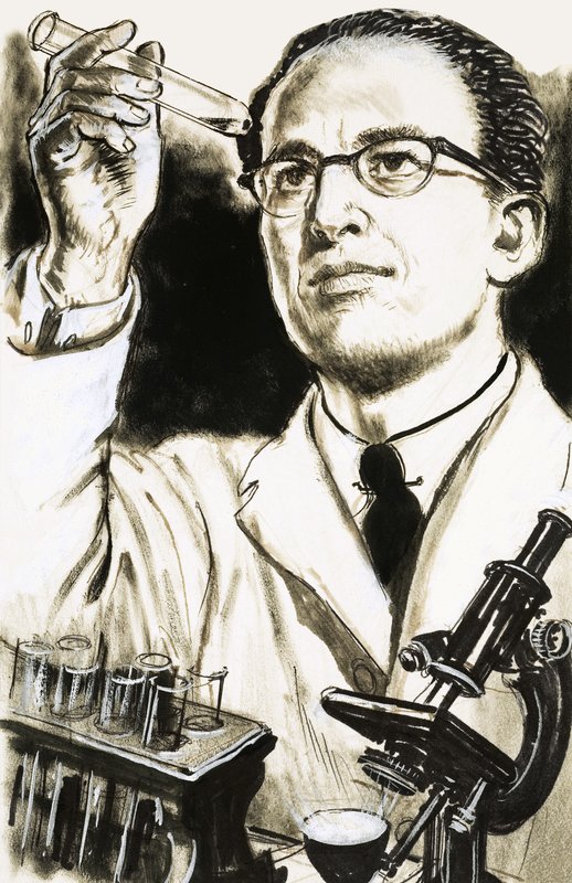 Dr Jonas Salk, skaparen av poliovaccinet, tittar på ett provrör av English School