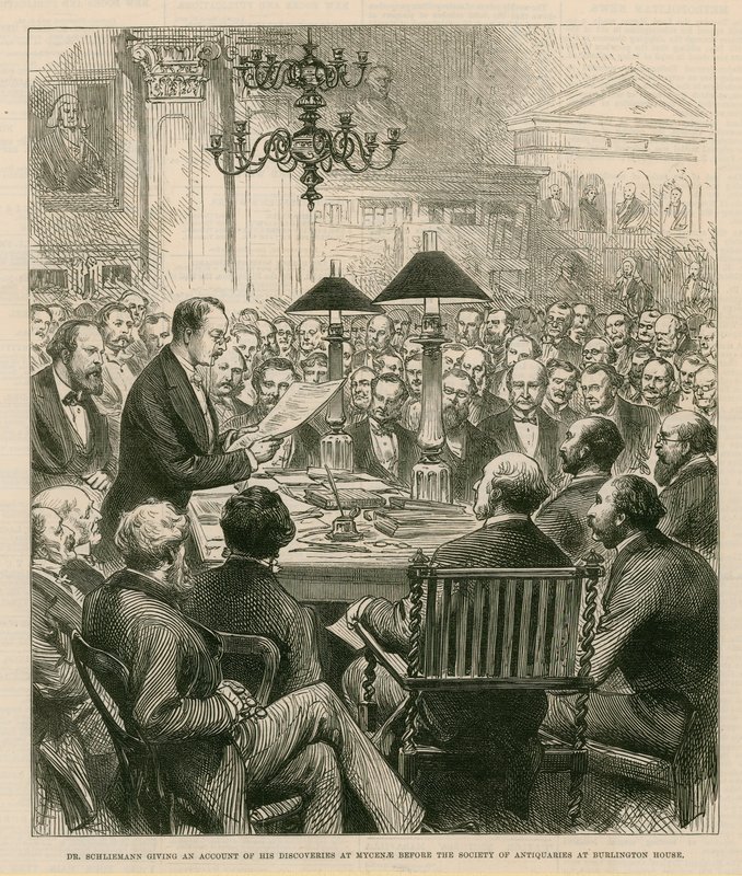 Dr Schiemann redogör för sina upptäckter i Mykene inför Society of Antiquaries i Burlington House av English School