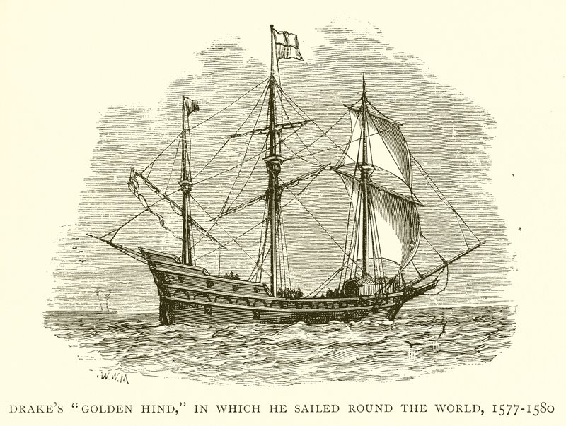 Drakes Golden Hind, där han seglade jorden runt, 1577-1580 av English School