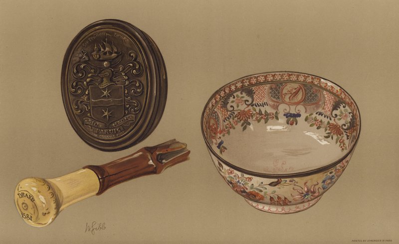 Drakes käpp och kapten Cooks punch-skål (chromolitho) av English School