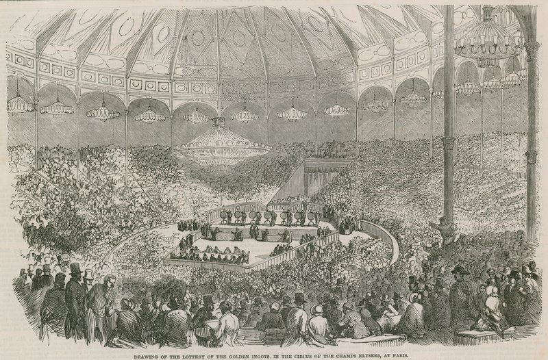 Dragning av lotteriet av Golden Ingot i Circus of Champs Elysees, Paris, Frankrike av English School