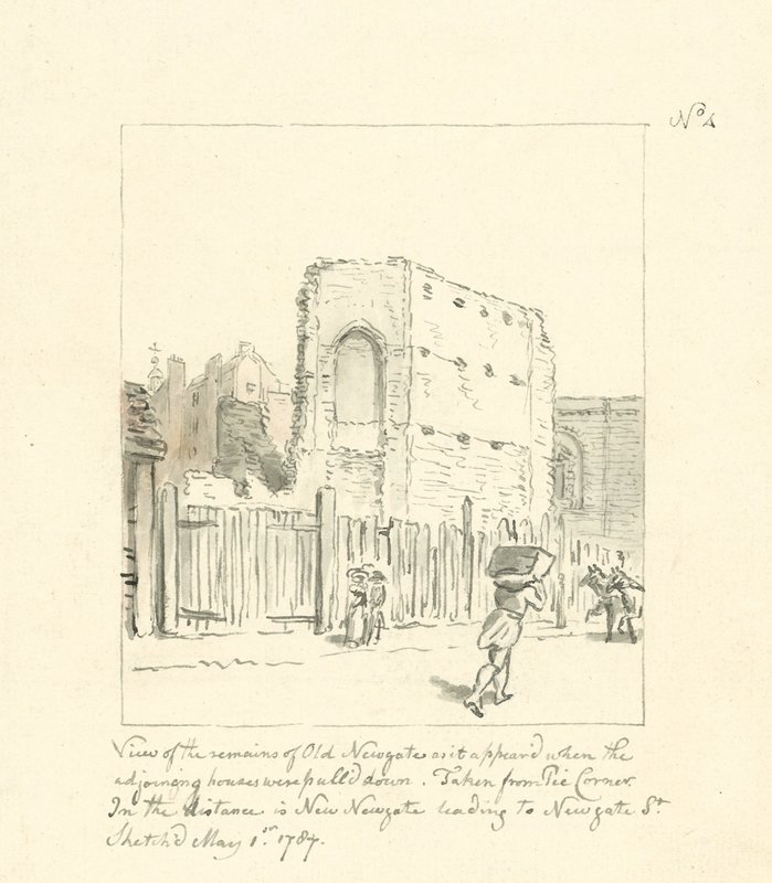 Ritning av resterna av Old Newgate (bläck på papper) av English School