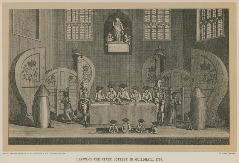Dragning av statens lotteri i Guildhall, 1763 av English School