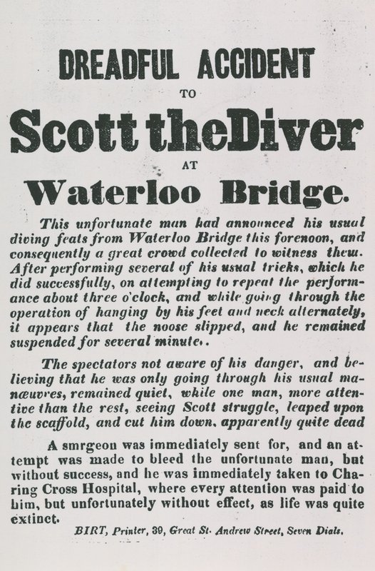 Den fruktansvärda olyckan av Scott the Diver vid Waterloo Bridge av English School