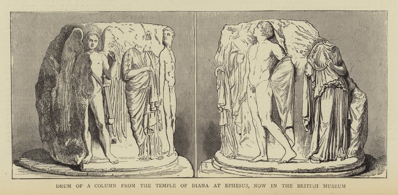 Drum of a Column från Dianatemplet i Efesos, nu i British Museum (gravyr) av English School