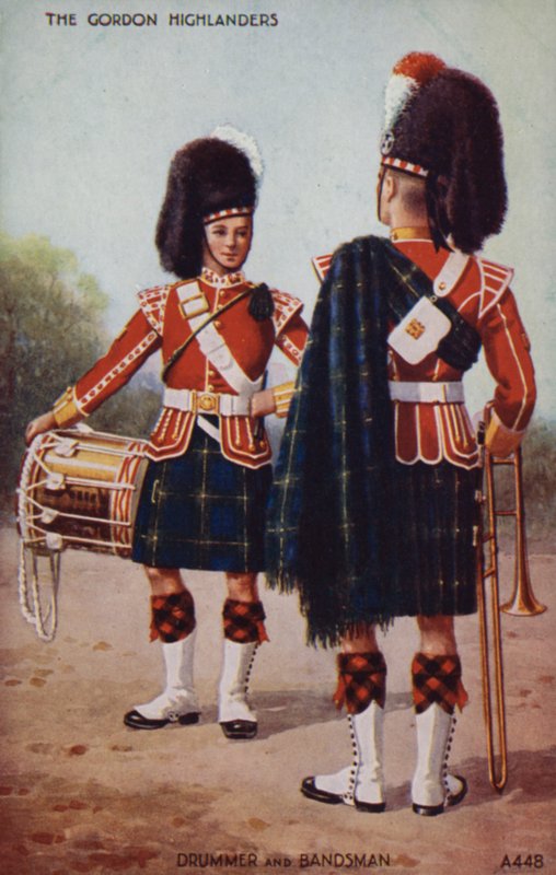 Trumslagare och orkestermedlem i Gordon Highlanders (färglitografi) av English School