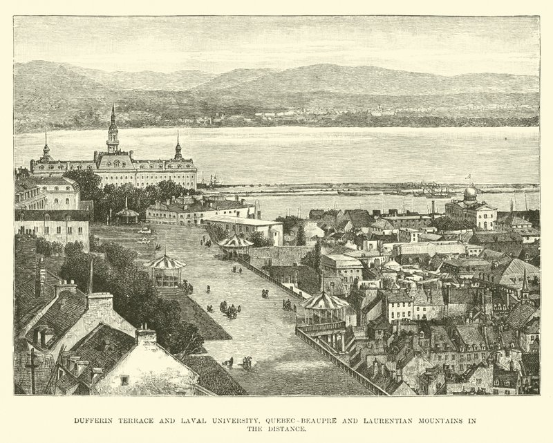 Dufferin Terrace och Laval University, Quebec-Beaupre och Laurentian Mountains i fjärran av English School