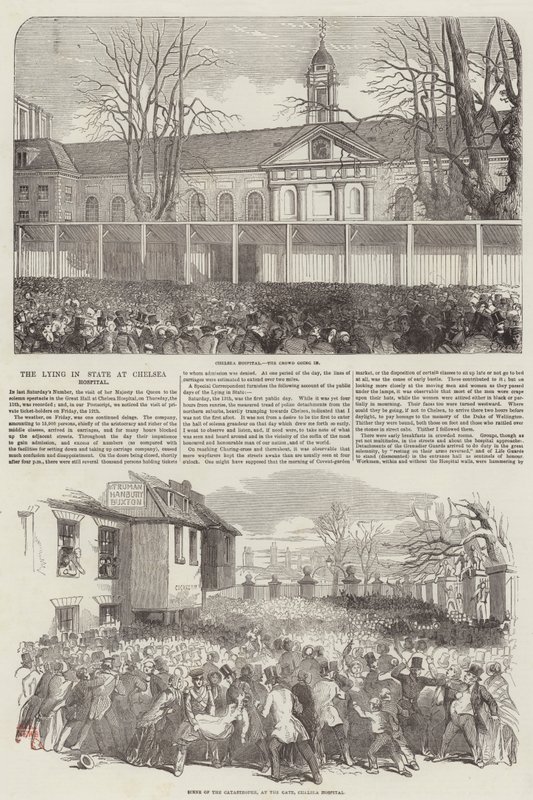 Hertigen av Wellington ligger i staten på Chelsea Hospital (gravyr) av English School