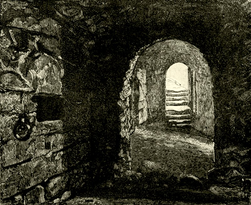 Fängelsehålor i slottet nedanför Queen Marys rum. Illustration från Cassells gamla och nya Edinburgh av James Grant, c.1900 av English School