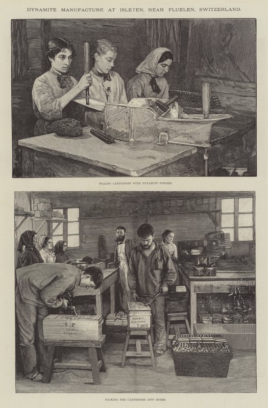 Dynamittillverkning på Isleten, nära Fluelen, Schweiz (gravyr) av English School