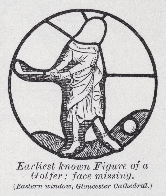 Den tidigaste kända figuren av en golfspelare, ansikte saknas, östra fönster, Gloucester Cathedral (litho) av English School