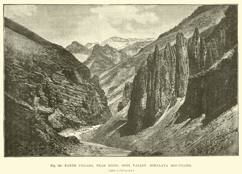 Jordpelare, nära Kioto, Spiti Valley, Himalayabergen av English School