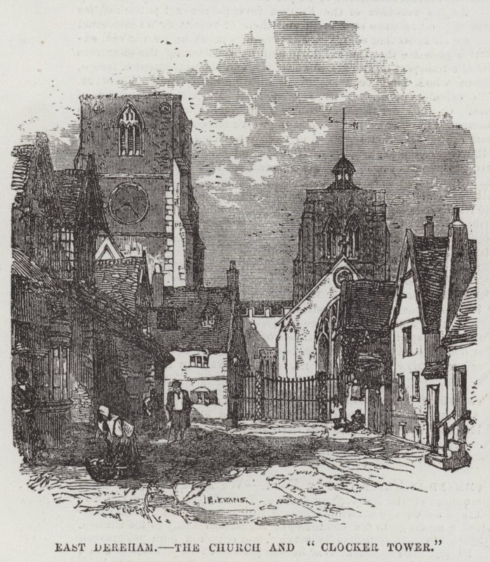 East Dereham, kyrkan och "Clocker Tower" (gravyr) av English School