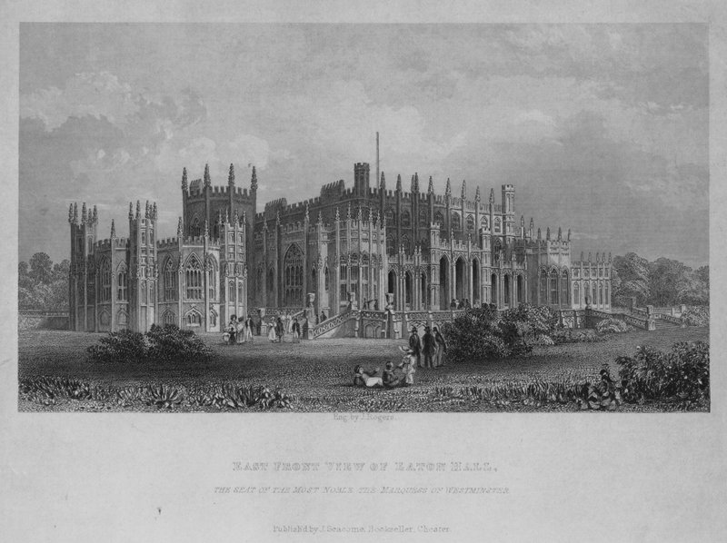 East Front View av Eaton Hall, sätet för den ädlaste markisen av Westminster (gravyr) av English School