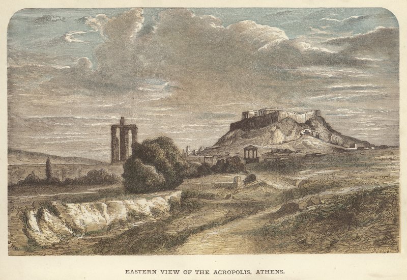 Östlig utsikt över Akropolis, Aten (färgad gravyr) av English School