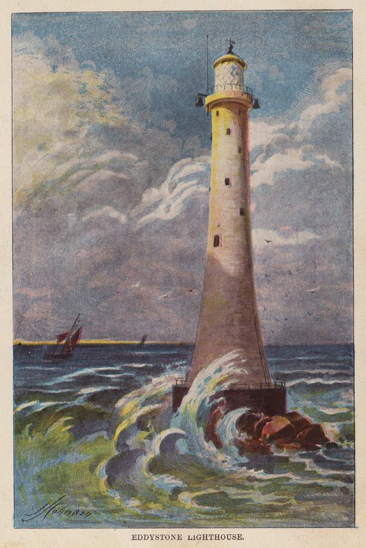 Eddystone Lighthouse (färglitografi) av English School
