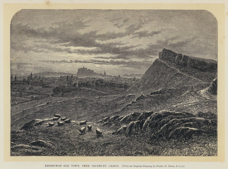 Edinburgh Old Town, från Salisbury Craigs (gravyr) av English School