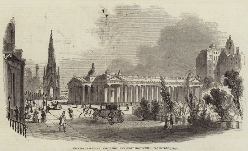 Edinburgh, Royal Institution och Scott Monument (gravyr) av English School