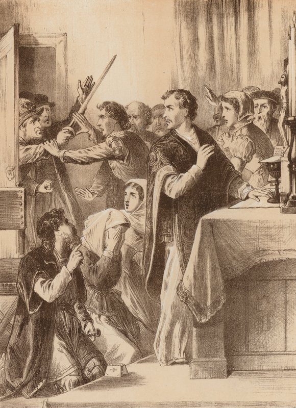 Edmund Genings, "Bröt upp dörren till kammaren där han firade" (litografi) av English School