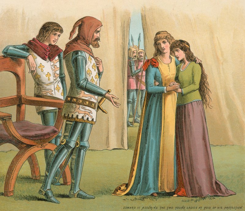 Edward III försäkrar de två unga damerna i Poix om sitt skydd av English School