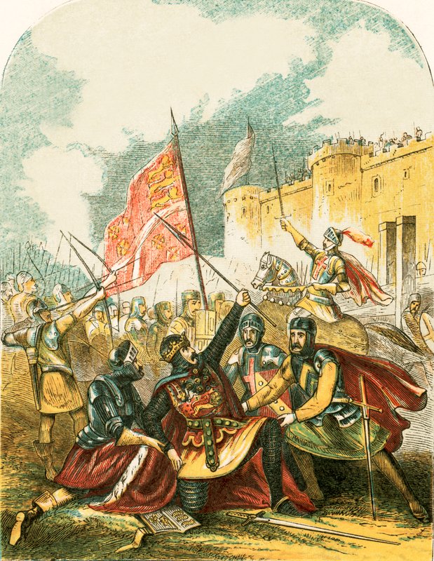 Edward I viftar med spjutet och svär, han kommer att hänga mannen som kastade det av English School
