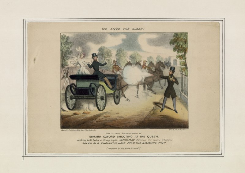Edward Oxford skjuter på drottningen, räddad av Britannia (färgad gravyr) av English School