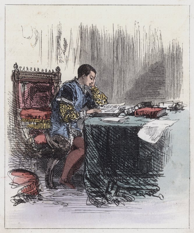 Edward VI, vid hans studier (färgad gravyr) av English School