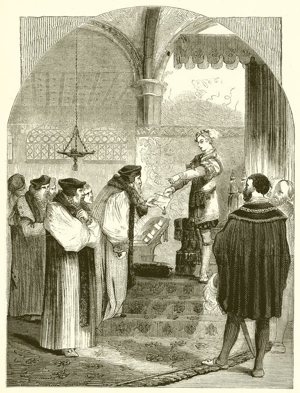 Edvard VI. överlämnande av beslutet om avrättningen av Joan Bocher till ärkebiskop Cranmer av English School