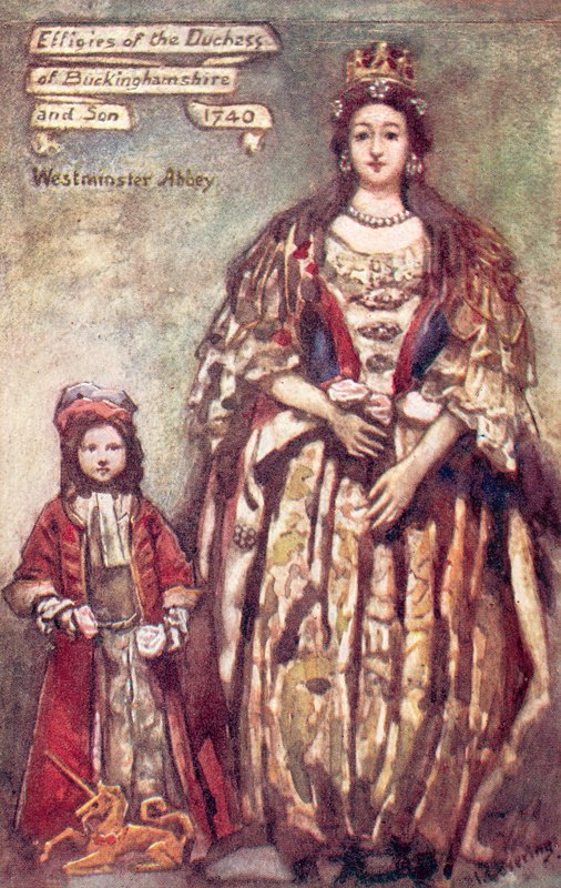 Avbildningar av hertiginnan av Buckingham och hennes son i Westminster Abbey (färglitografi) av English School