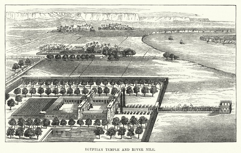 Egyptiska templet och floden Nilen (gravyr) av English School