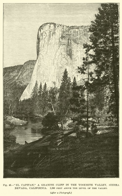 El Capitan, en granitklippa i Yosemite Valley, Sierra Nevada, Kalifornien, 3 300 fot över dalens nivå av English School