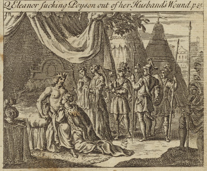Eleanor av Kastilien, drottningkonsort till kung Edward I av England, som sög gift ur sin mans sår, drabbades av ett mordförsök i Acre, 1272 av English School