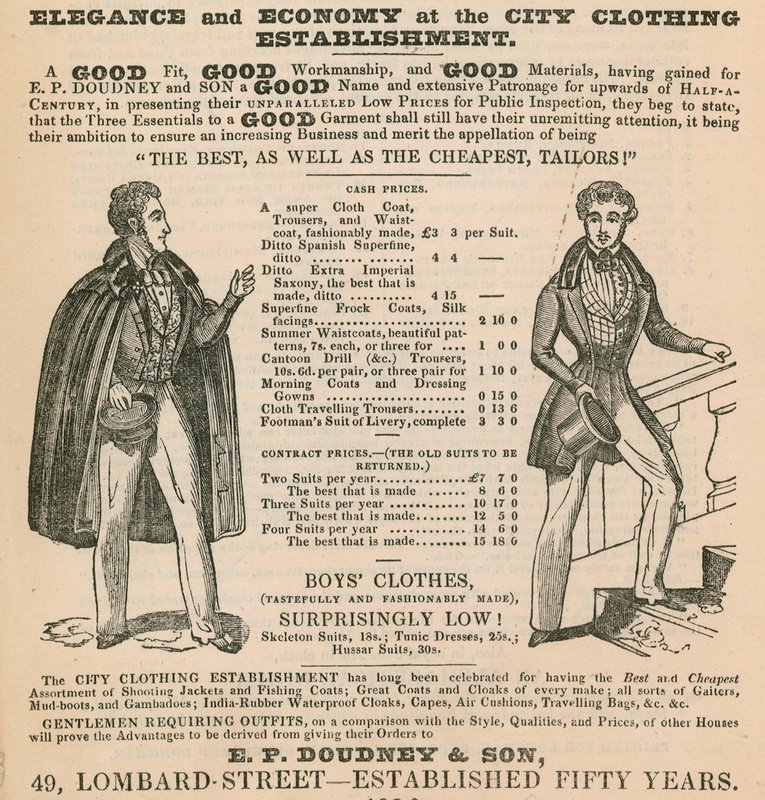 Elegans och ekonomi på City Clothing Etablissement; E P Doudney & Son, 49 Lombard Street, London av English School