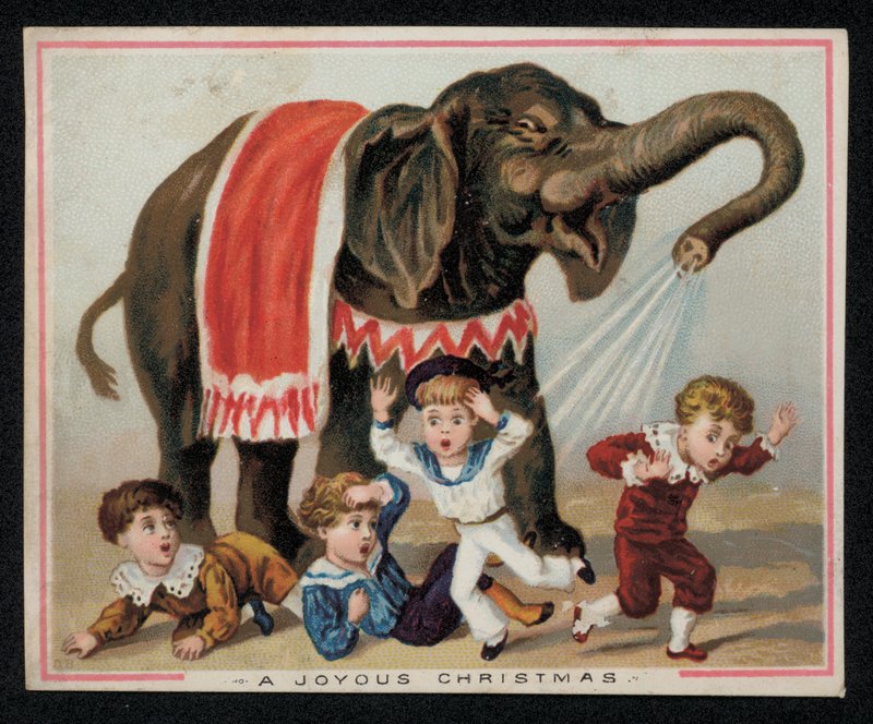 Elefant som lekfullt duschar barn med vatten, julhälsningskort. (chromolitho) av English School