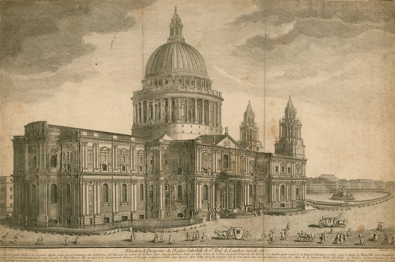 Höjd och perspektiv av St Pauls Cathedral, London av English School