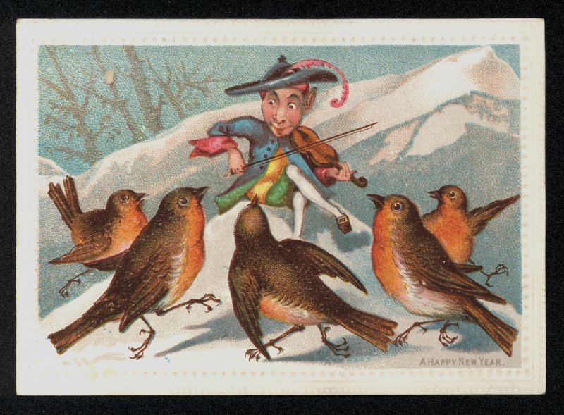 Tomte med en fiol som underhåller en grupp rödhaker, hälsningskort för nyår. (chromolitho) av English School