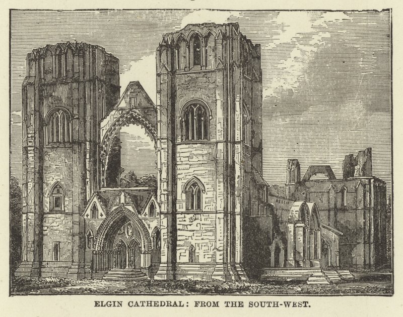 Elgin Cathedral, från sydväst av English School