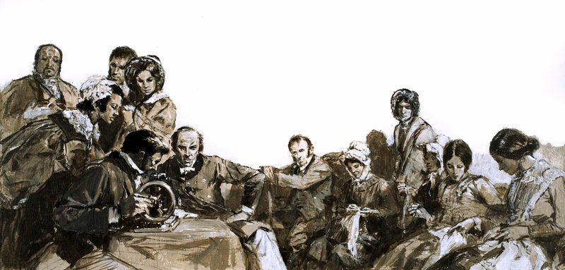 Elias Howe, uppfinnare av symaskinen (gouache på papper) av English School