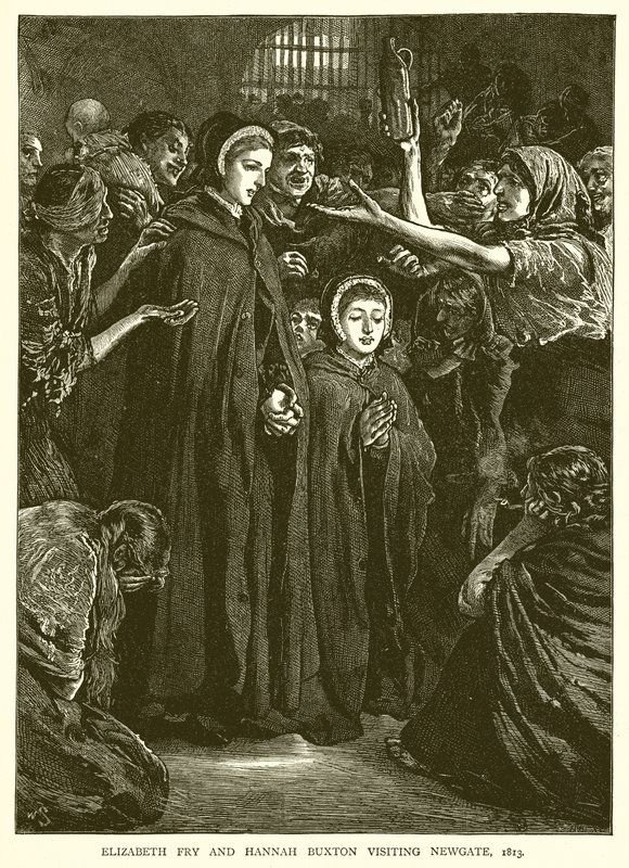 Elizabeth Fry och Hannah Buxton på besök i Newgate, 1813 av English School